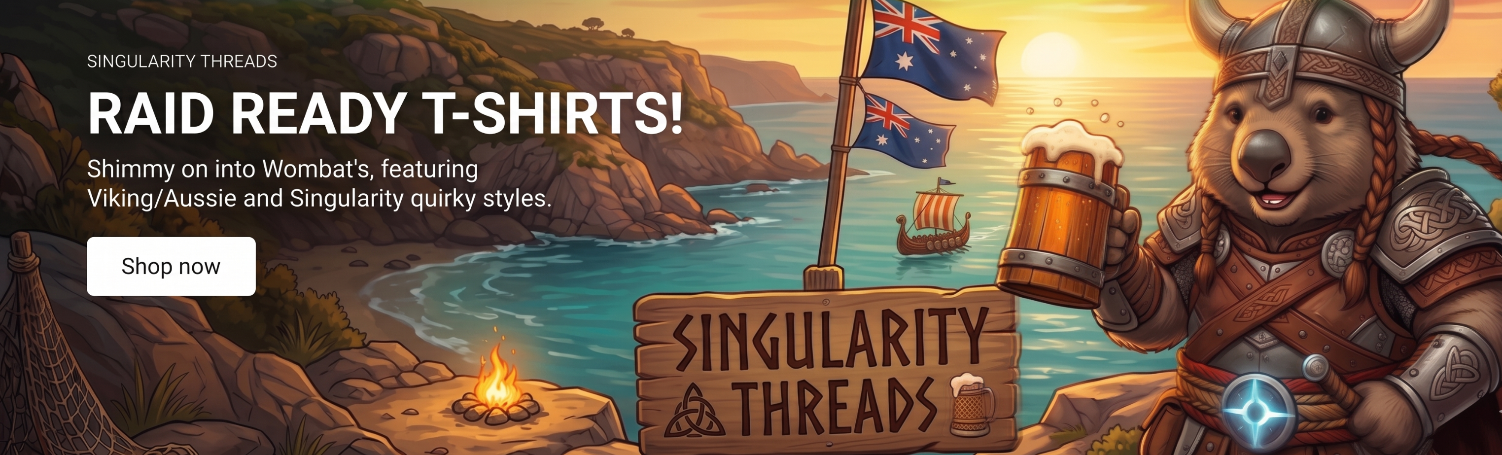 Promotional banner for Singularity Threads featuring a Viking-themed design with a wombat character and text about raid ready t-shirts.